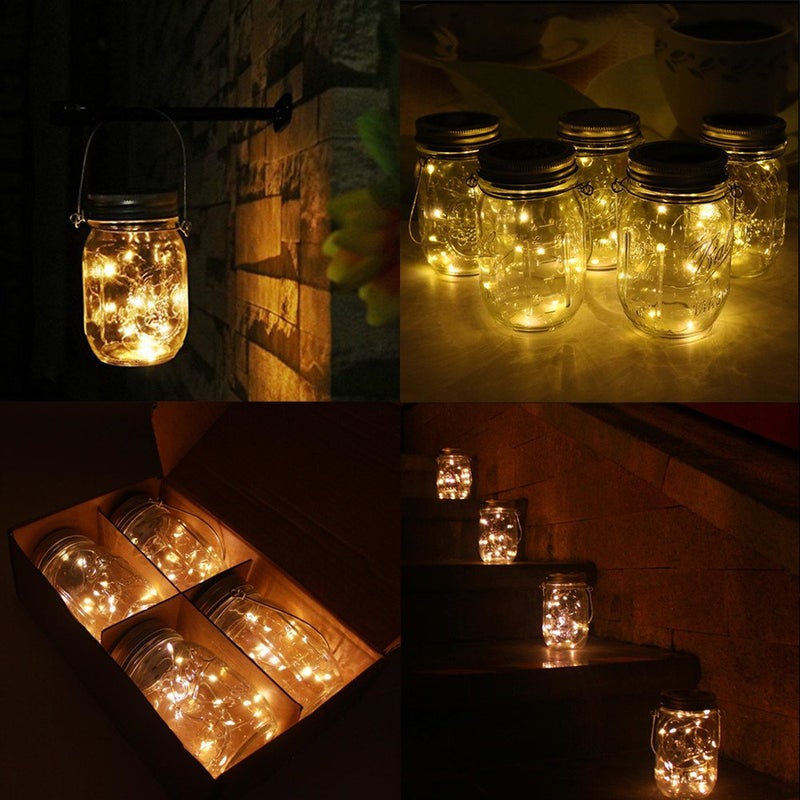 CHBJDAN 6-Pack Solar-powered Mason Jar Lights 20 LEDs (6 Hanger Included / No Jar),Warm White Glass Waterproof Fairy Hanging Lighting,Outdoor String Lids for Regular Mouth Jars for Patio Lamp Decor - Image 5